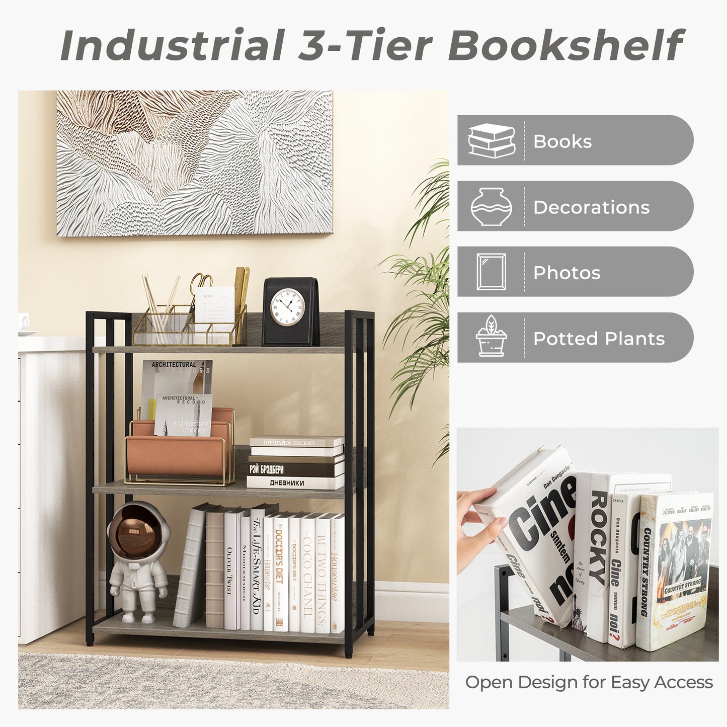 3-Tier Bookshelf with Adjustable Shelves and Metal Frame-Grey