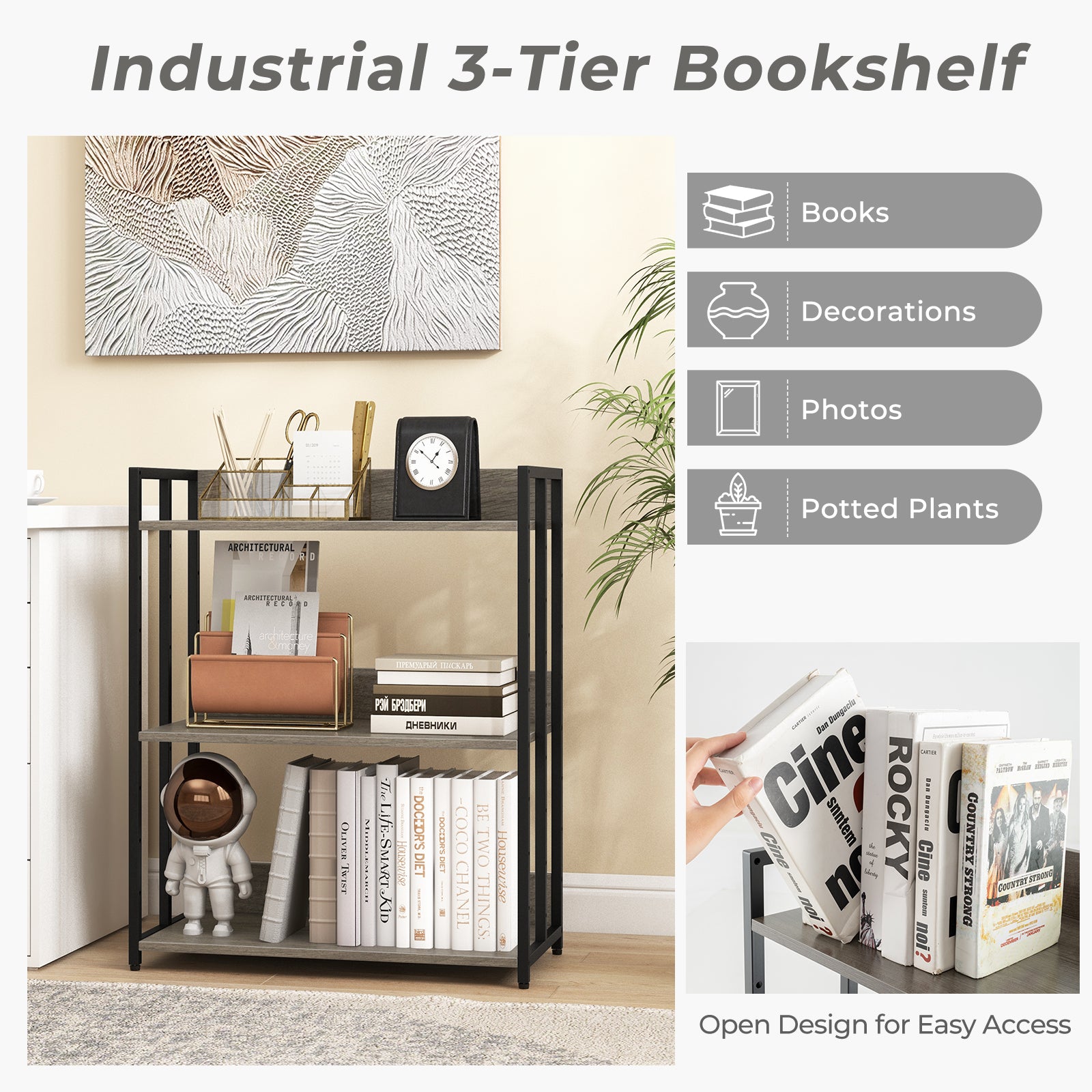 3-Tier Bookshelf with Adjustable Shelves and Metal Frame-Grey