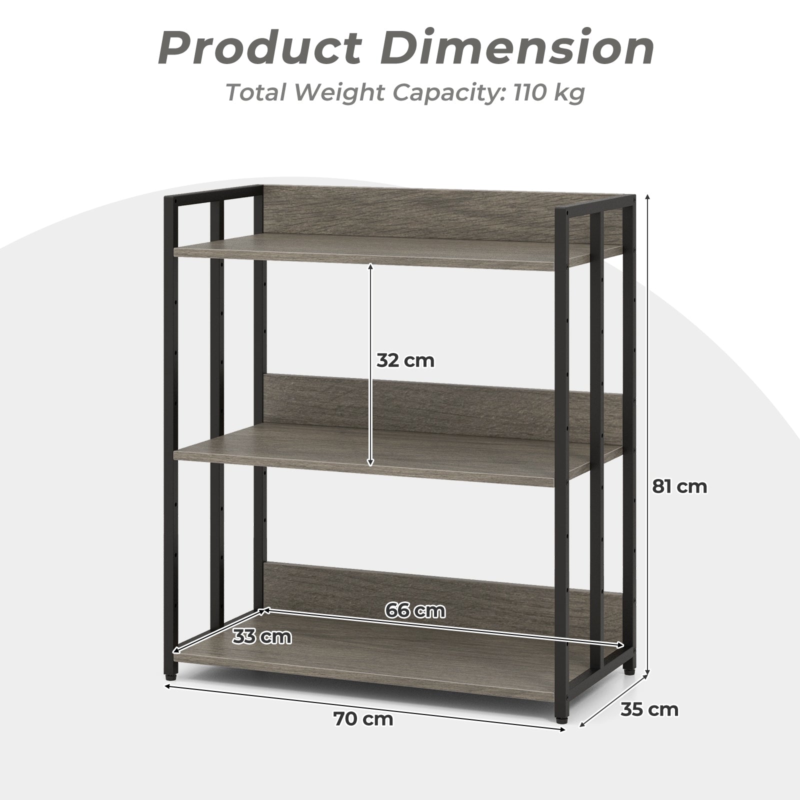 3-Tier Bookshelf with Adjustable Shelves and Metal Frame-Grey