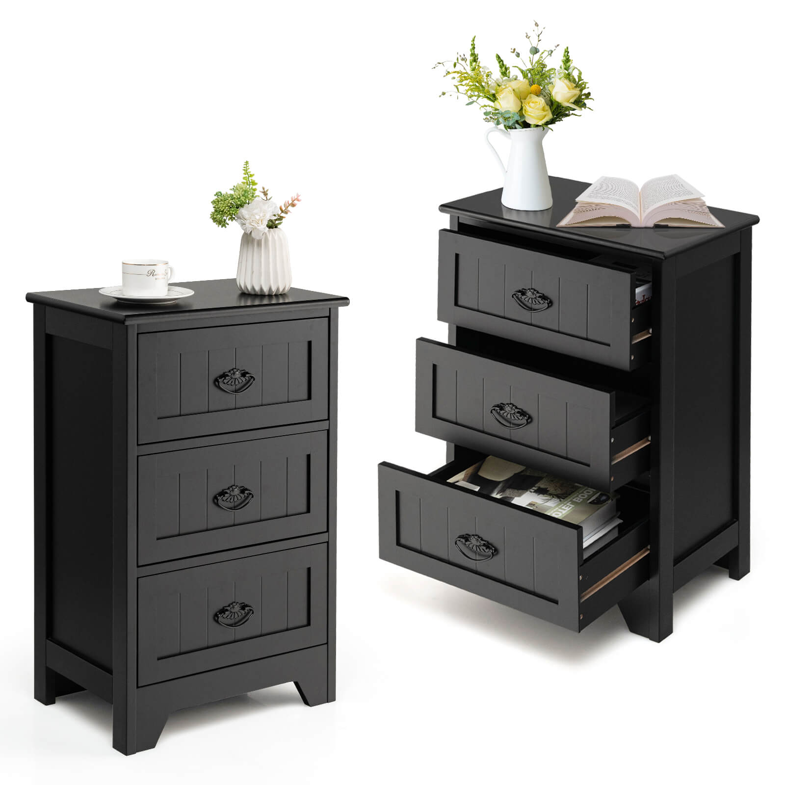 3-Tier Vintage Nightstand with Exquisite Metal Handles-Black