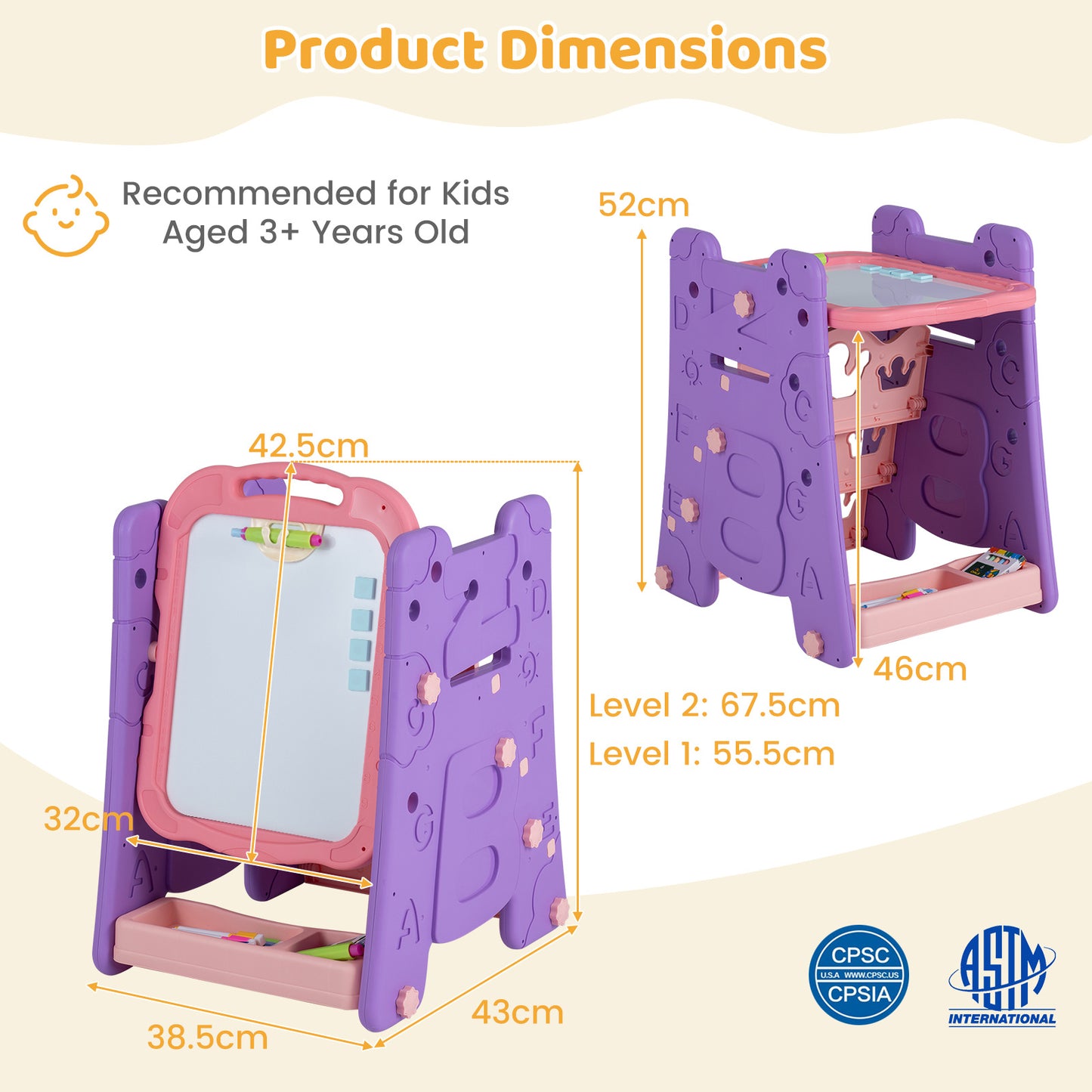 3 in 1 Art Easel for Kids Double Sided Magnetic Board Chalkboard and Whiteboard-Pink