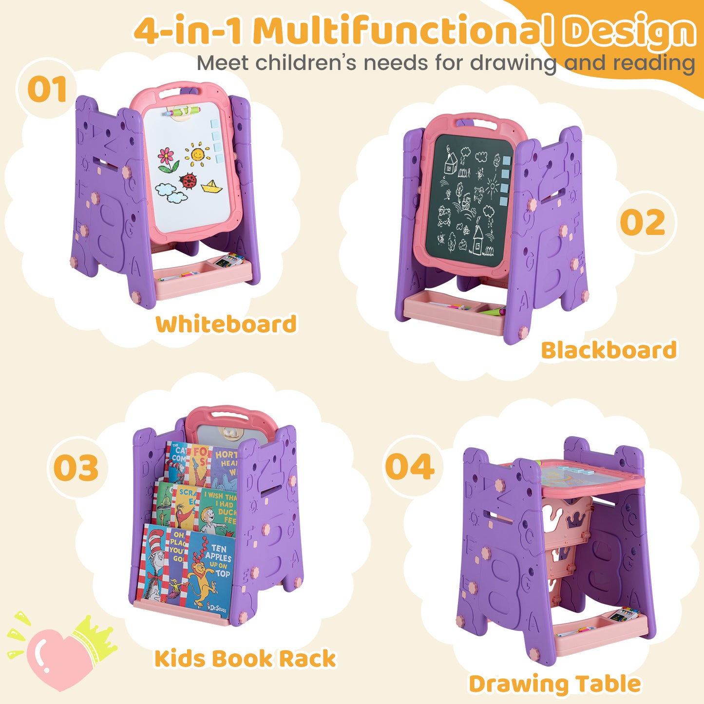 3 in 1 Art Easel for Kids Double Sided Magnetic Board Chalkboard and Whiteboard-Pink