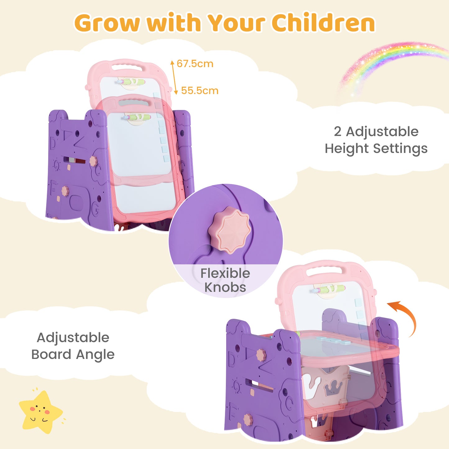 3 in 1 Art Easel for Kids Double Sided Magnetic Board Chalkboard and Whiteboard-Pink