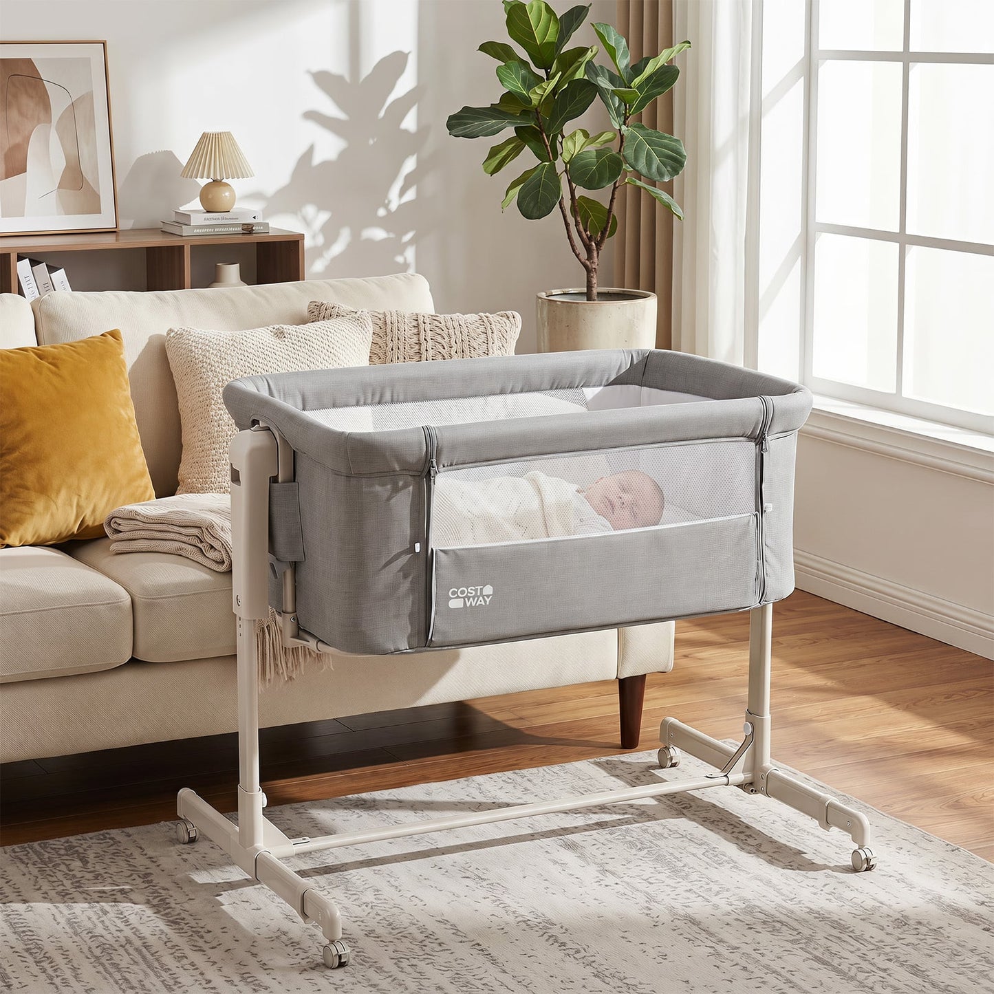 3-in-1 Baby Crib Height-Adjustable Bedside Crib with Castors-Grey