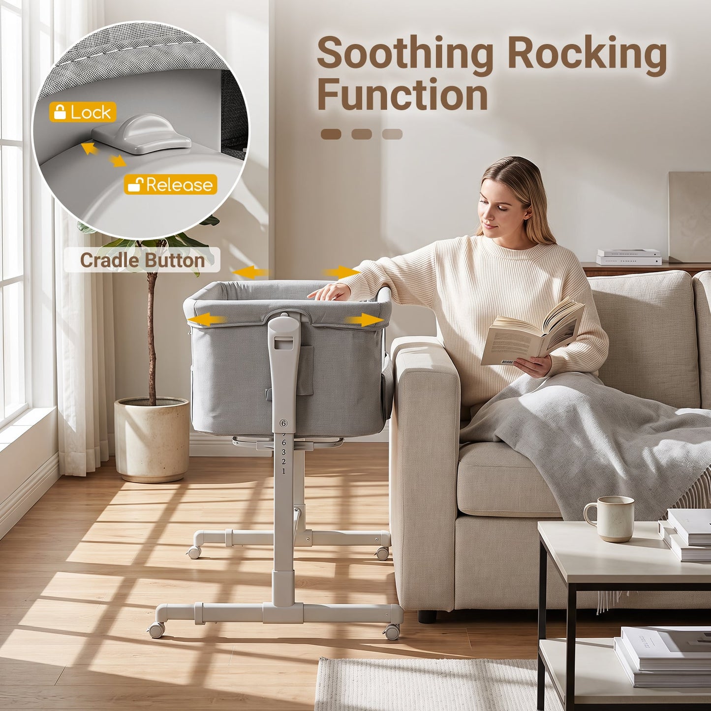 3-in-1 Baby Crib Height-Adjustable Bedside Crib with Castors-Grey