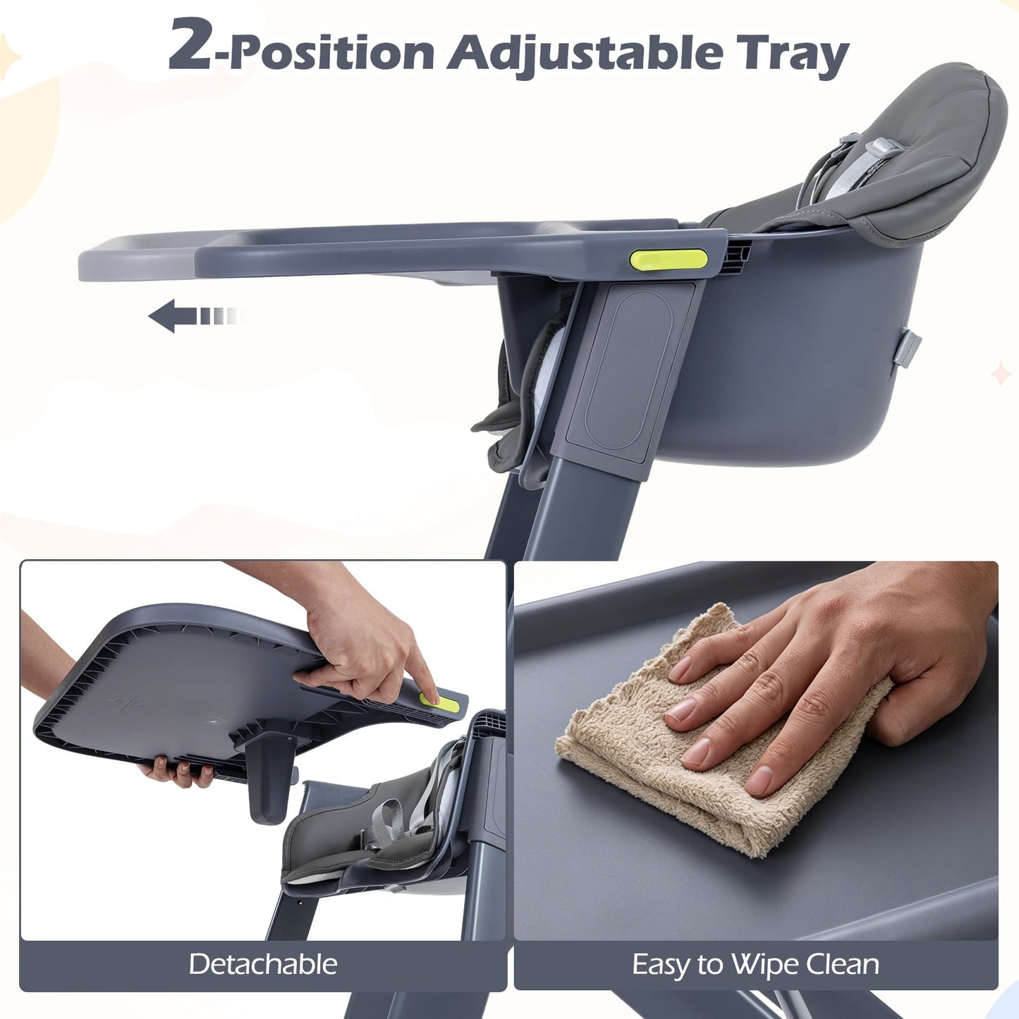 3-in-1 Baby High Chair with Detachable Tray & Safety Belt for 6-36 Months-Grey