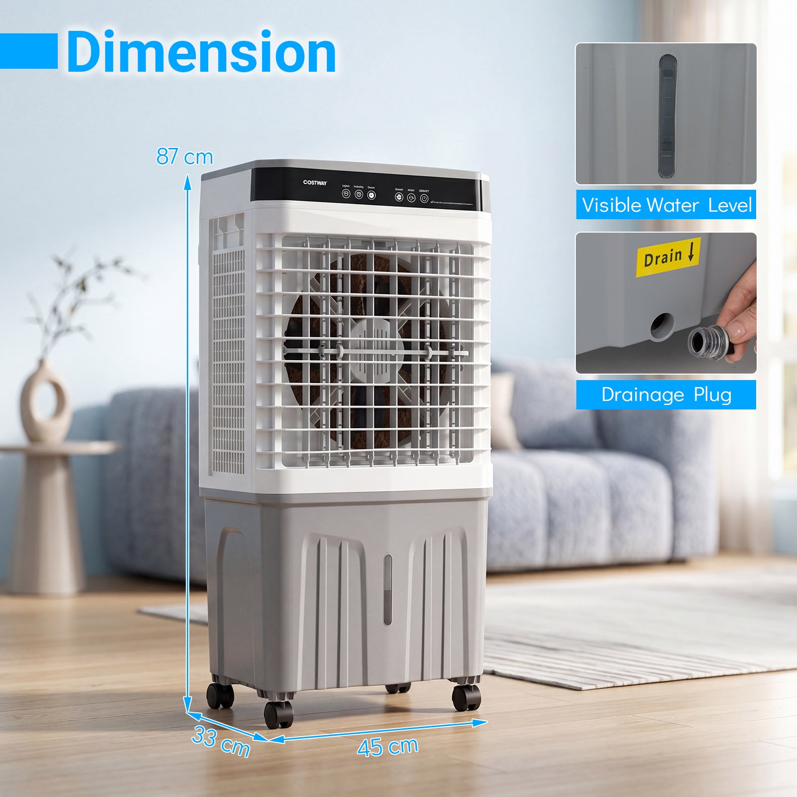 3-in-1 Evaporative Air Cooler with 20L Water Tank and 3 Speeds-White