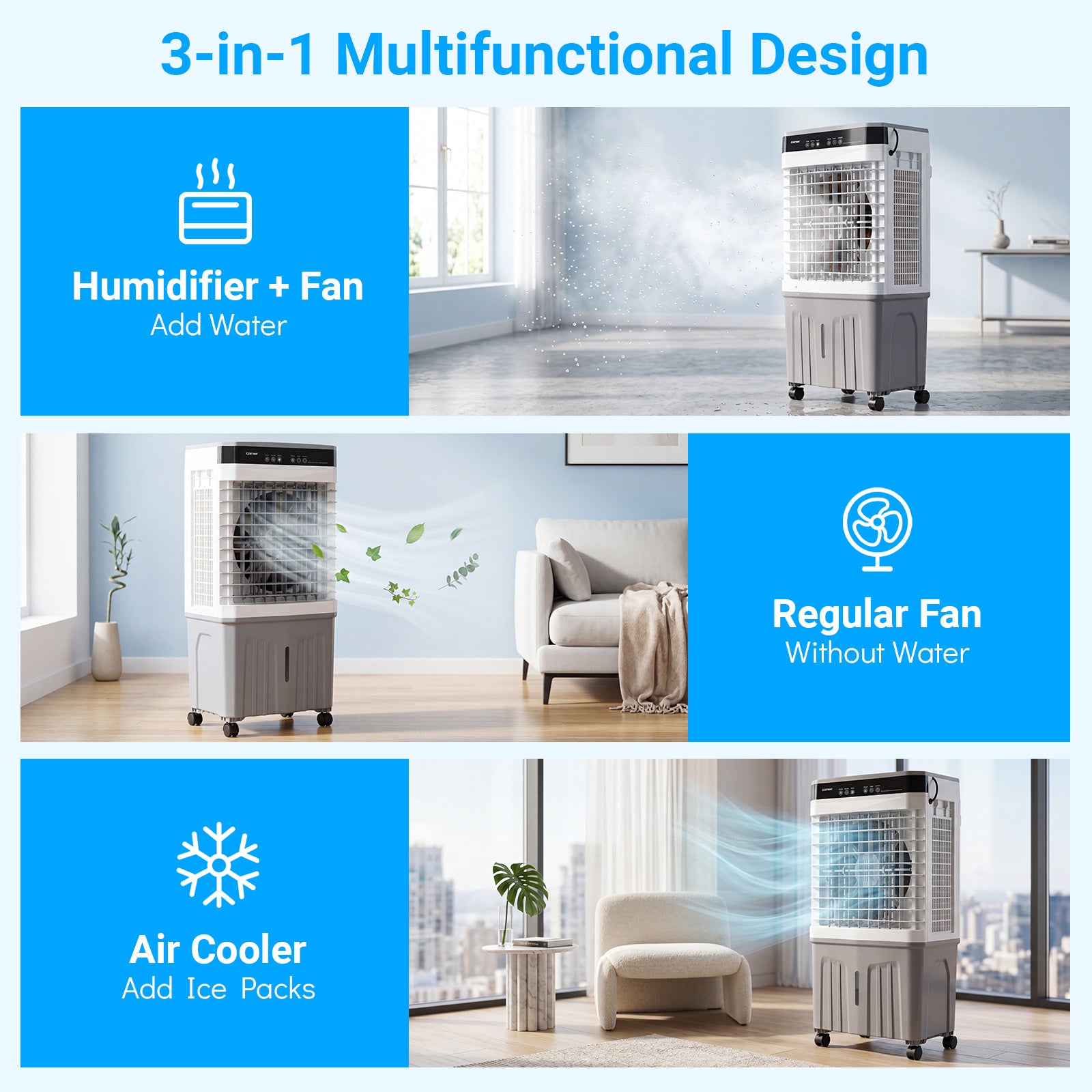 3-in-1 Evaporative Air Cooler with 20L Water Tank and 3 Speeds-White