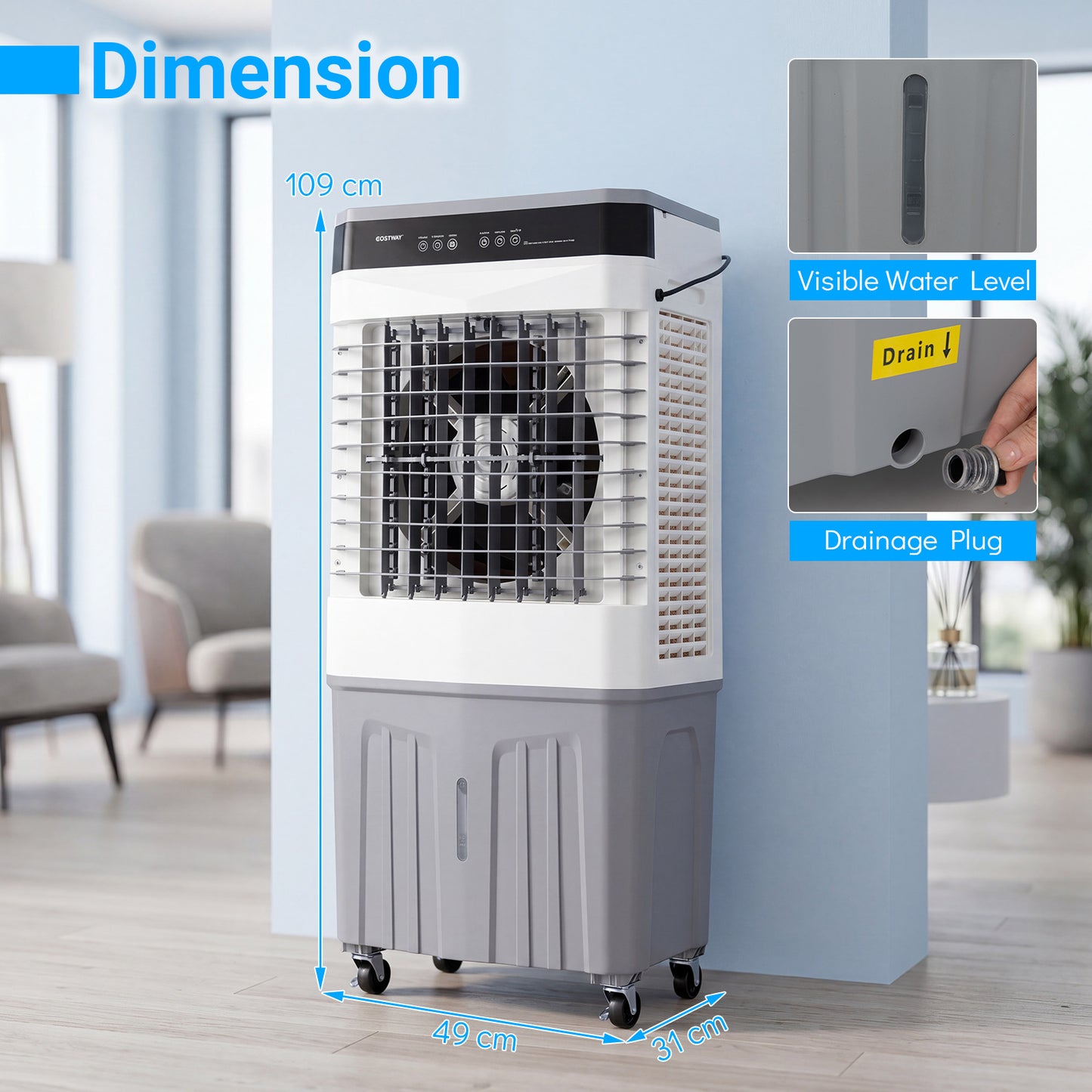 3-in-1 Evaporative Air Cooler with 27L Water Tank and 3 Speeds-White