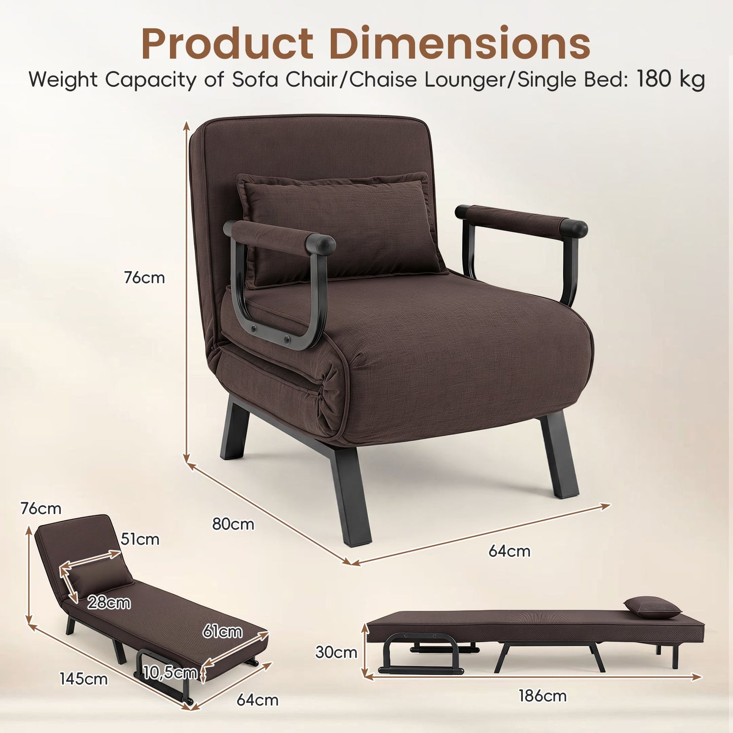 3-in-1 Folding Sofa Bed with Adjustable Backrest with Adjustable Backrest-Brown