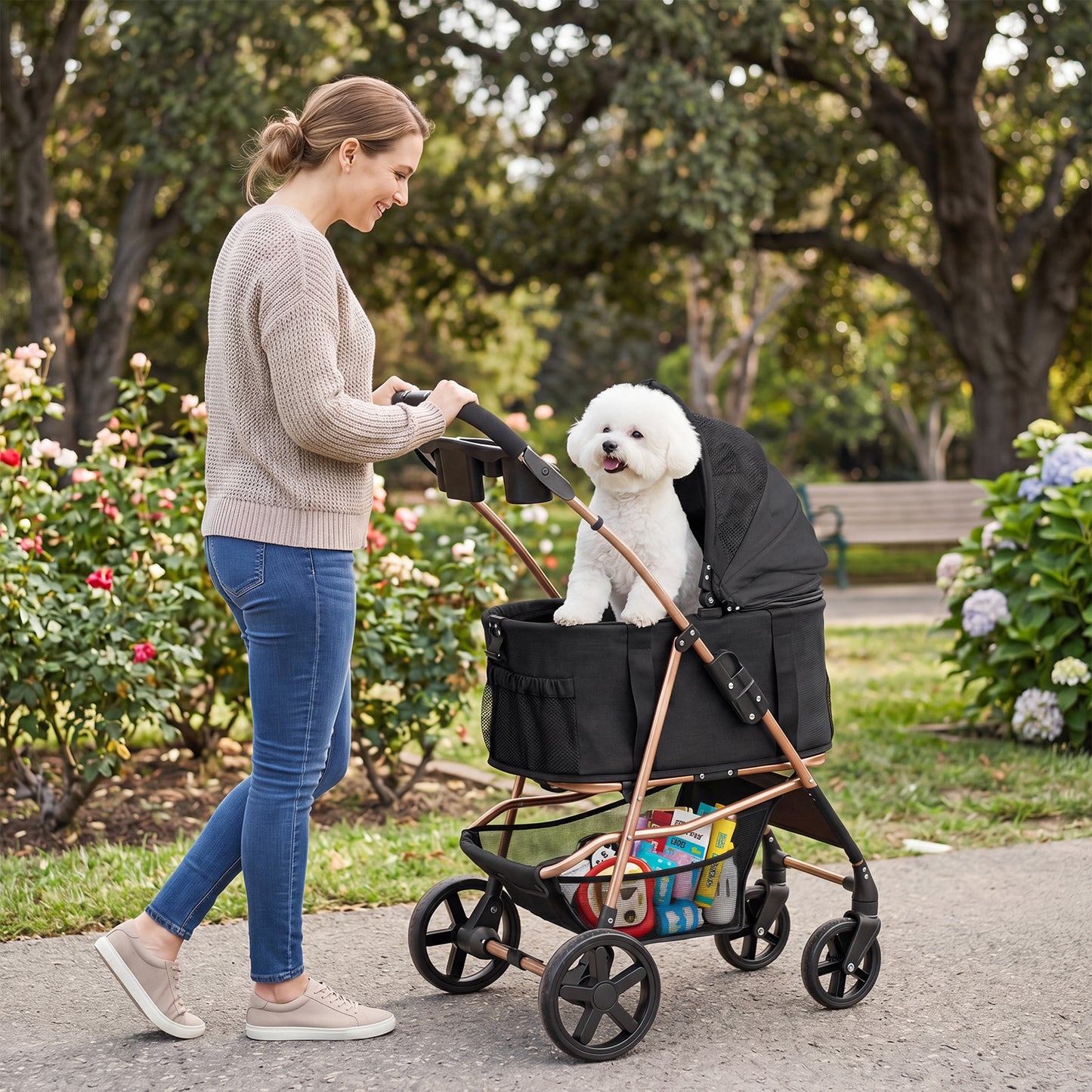 3-in-1 Pet Stroller for Small Medium Dogs with Detachable Carrier Cup Holder and Storage Basket-PW10185BK