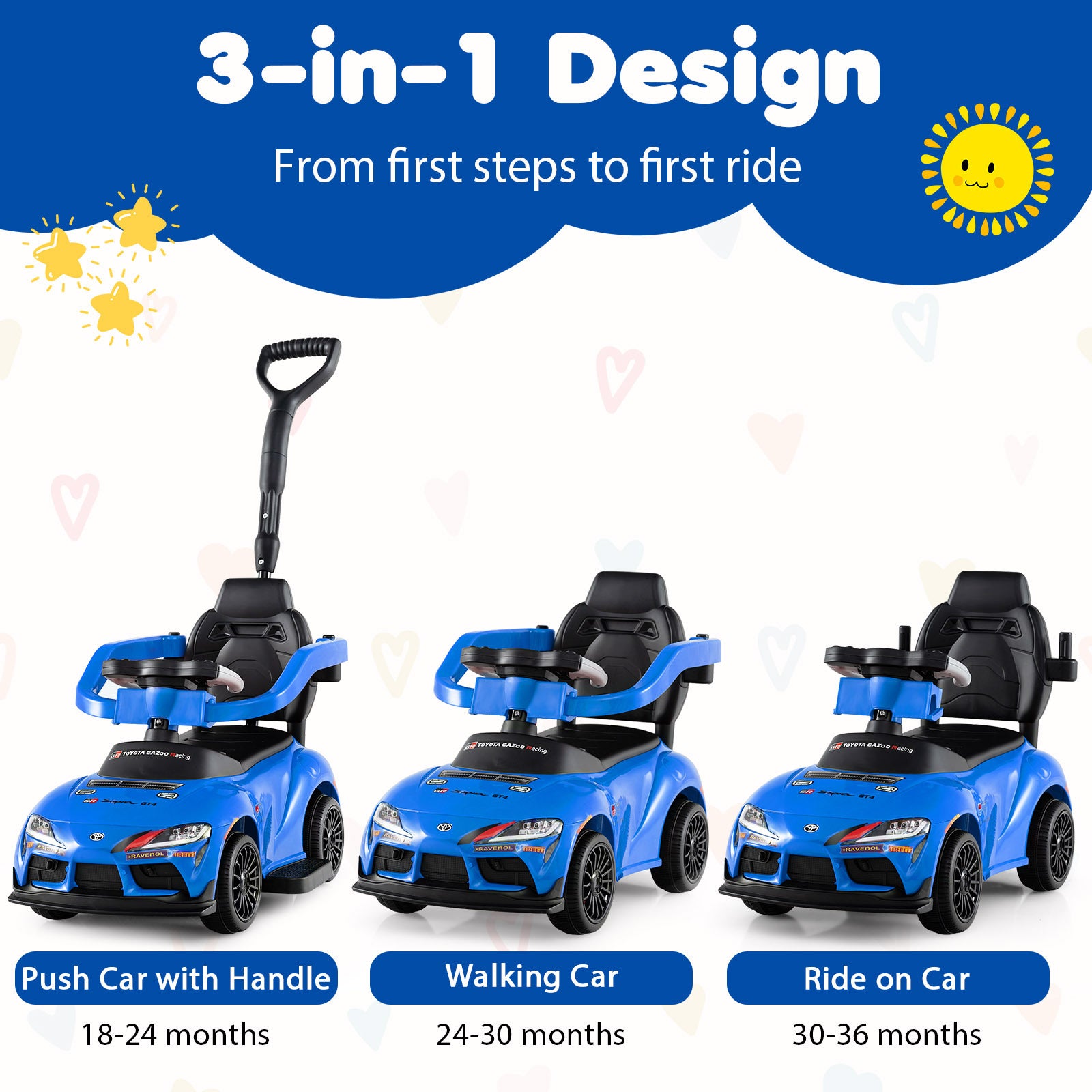 3-in-1 Push Car for Toddlers Toyota Licensed Sliding Car with Handle and Music-Blue