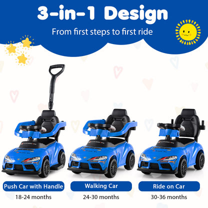 3-in-1 Push Car for Toddlers Toyota Licensed Sliding Car with Handle and Music-Blue