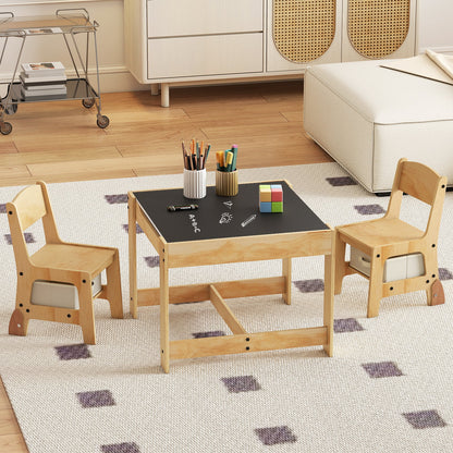 3 in 1 Wooden Kids Table and Chair Set with Removable Tabletop and Drawers-Beige