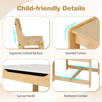 3 in 1 Wooden Kids Table and Chair Set with Removable Tabletop and Drawers-Beige