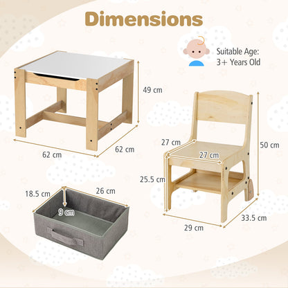 3 in 1 Wooden Kids Table and Chair Set with Removable Tabletop and Drawers-Grey
