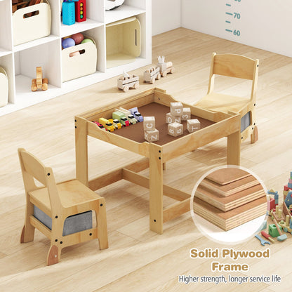 3 in 1 Wooden Kids Table and Chair Set with Removable Tabletop and Drawers-Grey