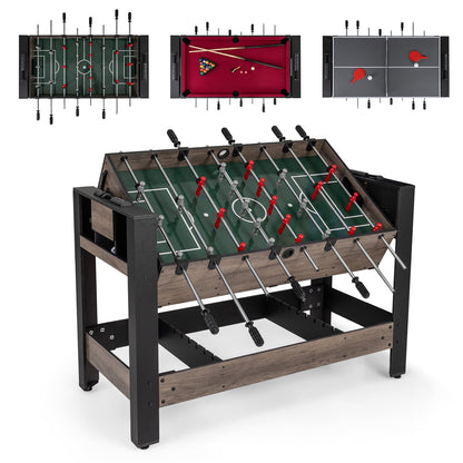 3-in-1 124CM Swivel Game Table with Foosball Pool Billiards Table Tennis-Brown