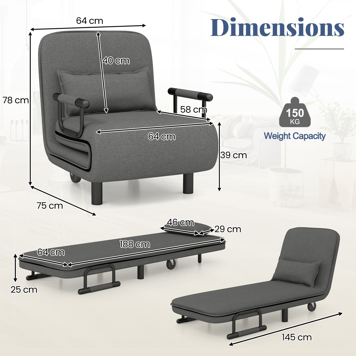 3-in-1 Convertible Sofa Bed with 5-Position Adjustable Backrest-Grey
