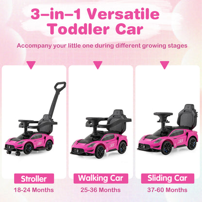 3-in-1 Ride on Push Car with 2 Universal Wheels, Music Steering, Guardrail and Handlebar-Pink