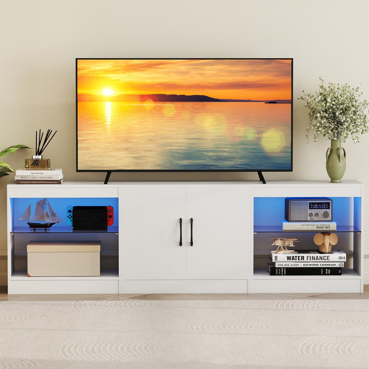 3-in-1 Entertainment Center with Adjustable Glass Shelves-White