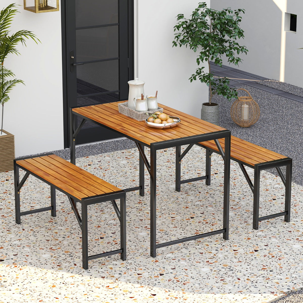 3-Pieces Patio Dining Set with Outdoor Picnic Table and 2 Benches for 4 People