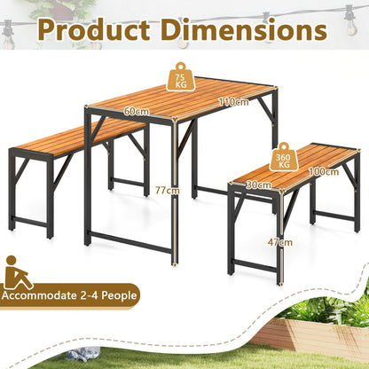 3-Pieces Patio Dining Set with Outdoor Picnic Table and 2 Benches for 4 People