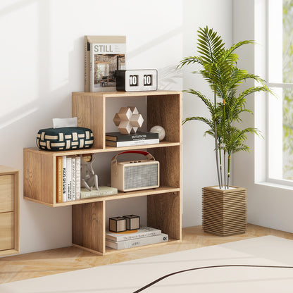 3-tier Bookshelf Irregular Open Back Bookcase with 3 Cubes Free-standing Bookshelf-Natural
