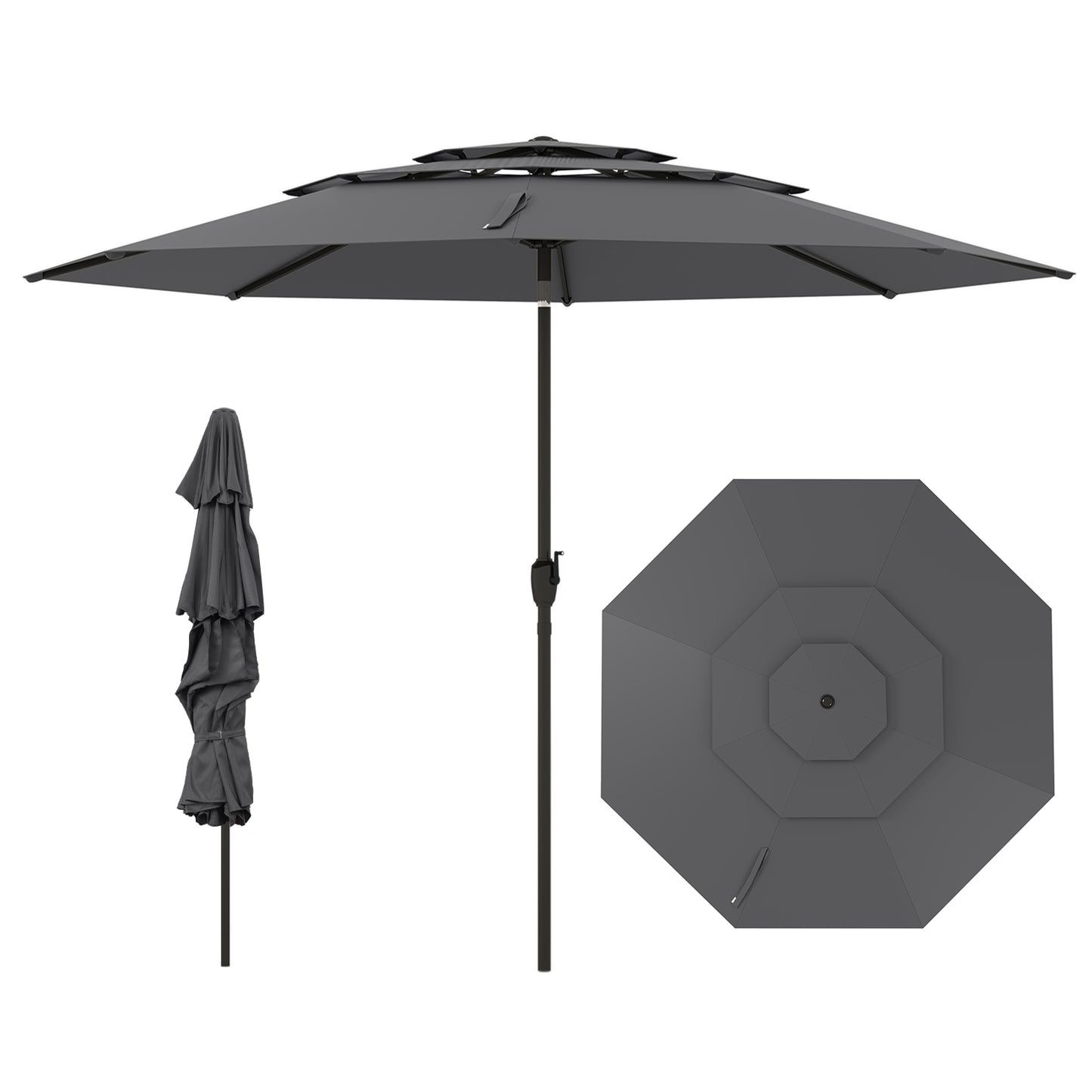 295 cm 3-tier Vented Patio Large Market Table Umbrella with Push Button Tilt-Grey