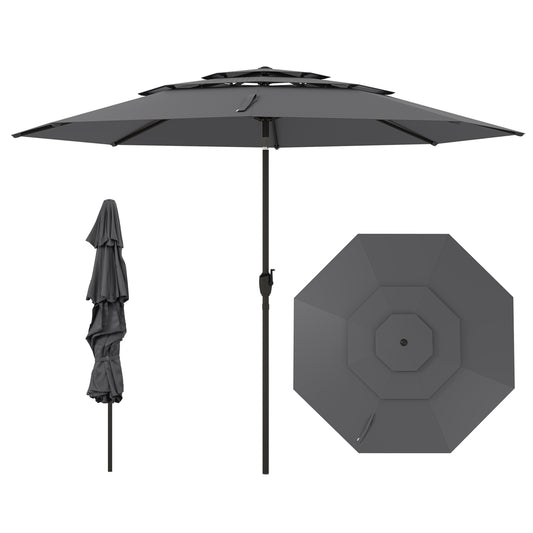 295 cm 3-tier Vented Patio Large Market Table Umbrella with Push Button Tilt-Grey
