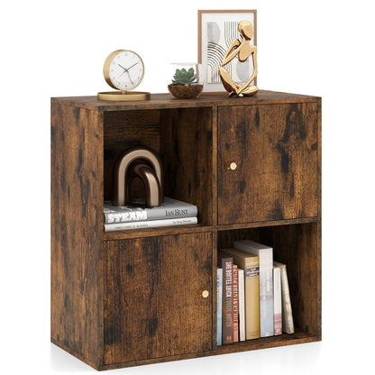 3-Tier Bookshelf with Dual Anti-Tipping Kits and 2 Cabinets-Rustic Brown