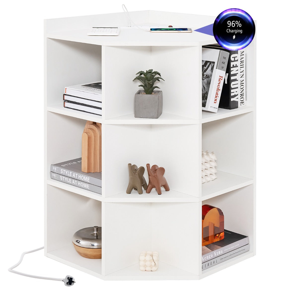 3-Tier Corner Cabinet with Charging Station and 9 Cubbies-White
