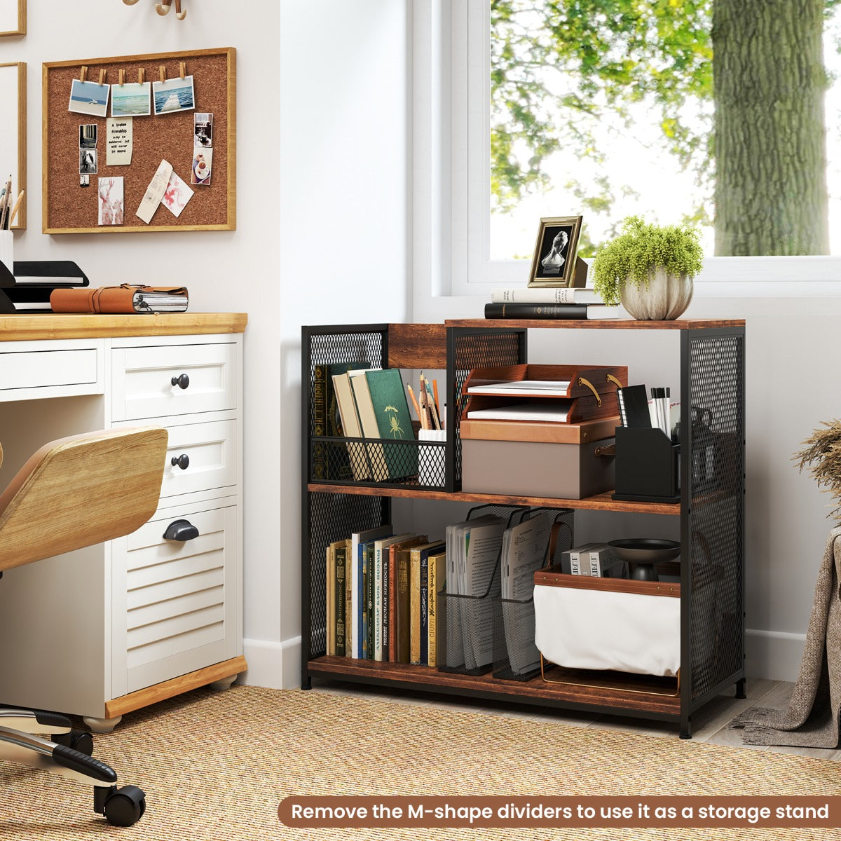 3-Tier Record Player Stand with Vinyl Storage and 3 Removable Dividers-Brown