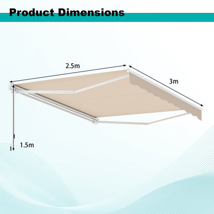 3 x 2.5 M Patio Retractable Awning with Manual Crank Handle and Adjustable Protection Shelter-Beige