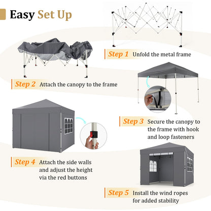 3 x 3 m Pop Up Canopy with 4 Sidewalls and Adjustable Height-Grey