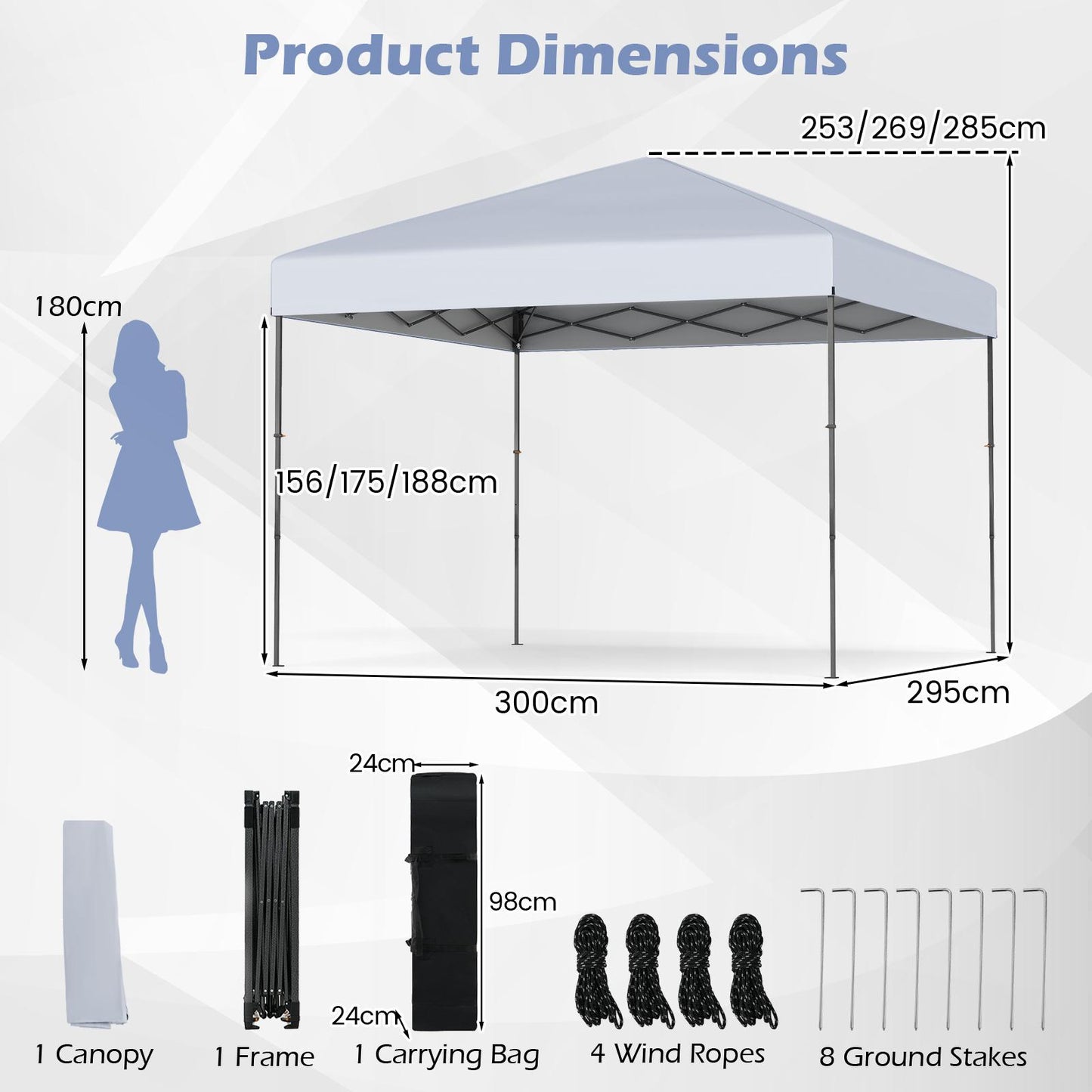 300 x 295 cm Pop up Canopy Tent with Portable Carrying Bag and Wind Ropes-White