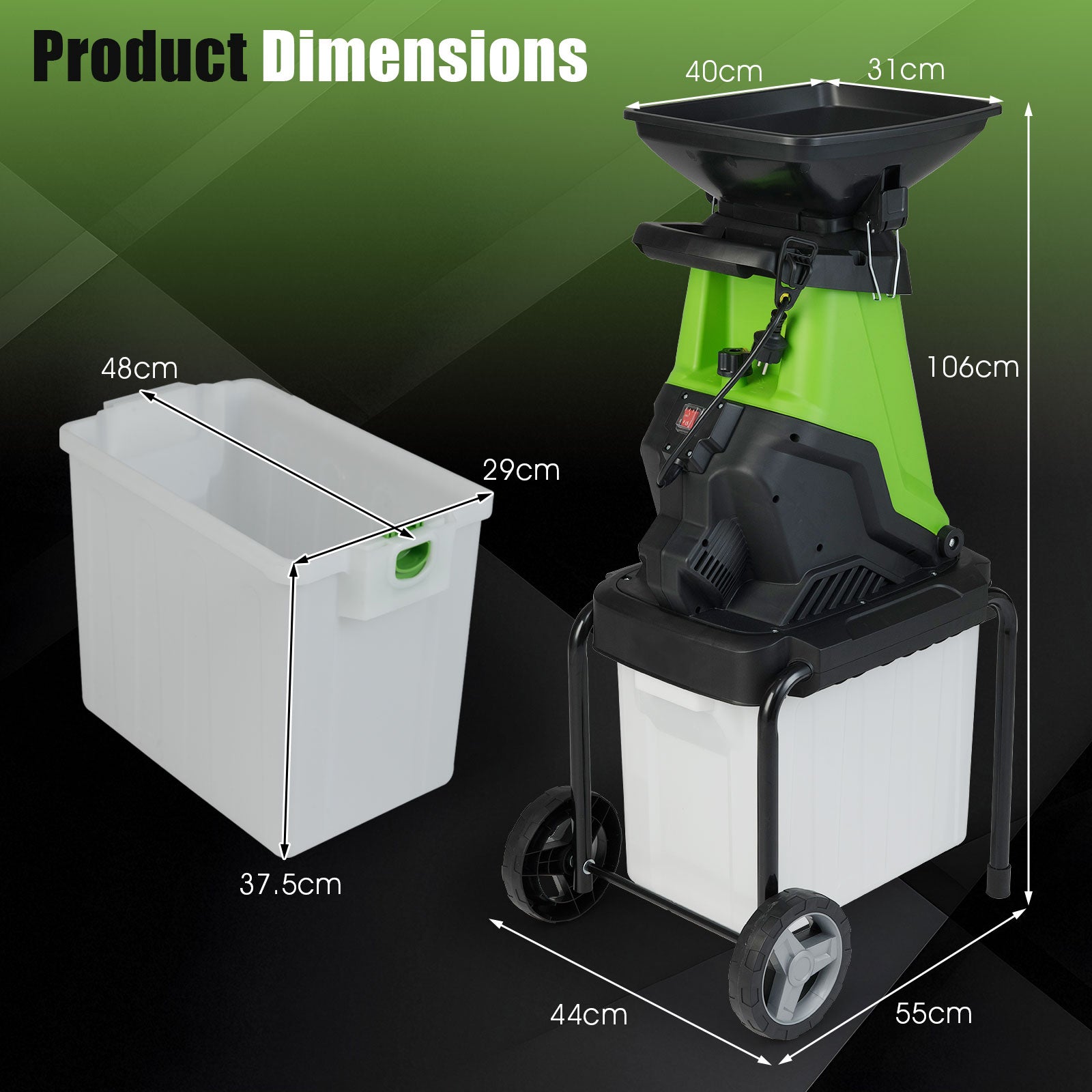 3000 W Electric Wood Chipper with 50 L Collection Bin and Wheels-Green