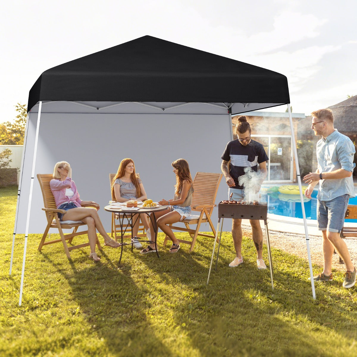 300 x 300 cm Pop up Canopy Tent with 1 Sidewall and Portable Backpack-Black