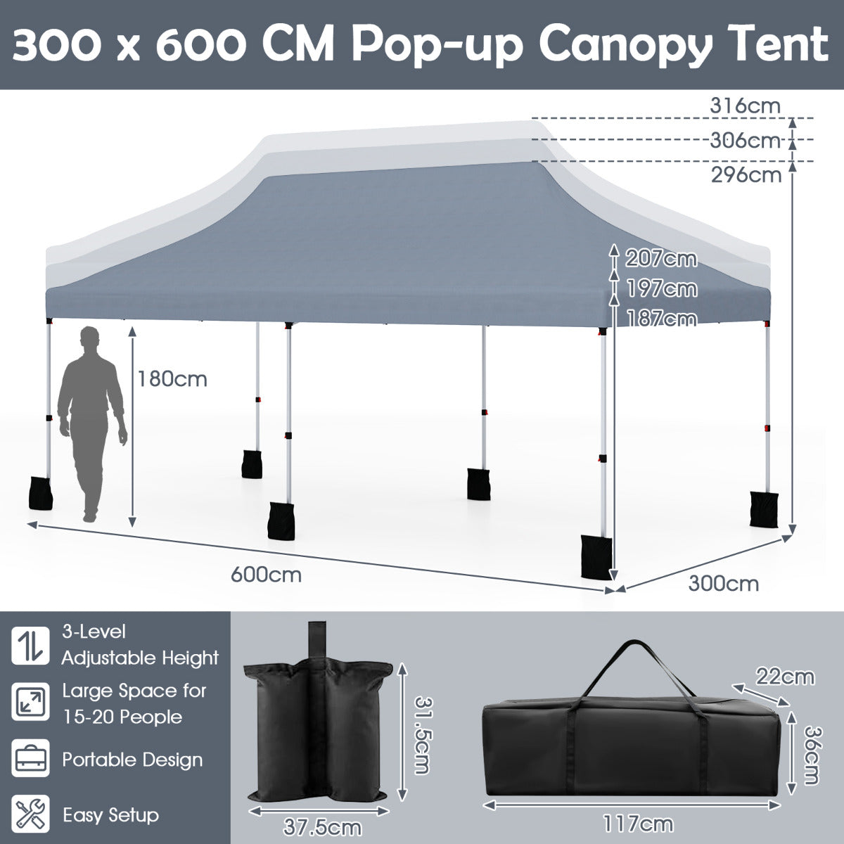 300 x 600 cm Pop up Canopy Tent with Carry Bag and 6 Sandbags-Grey