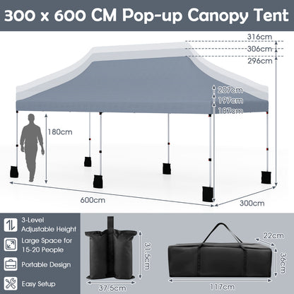 300 x 600 cm Pop up Canopy Tent with Carry Bag and 6 Sandbags-Grey