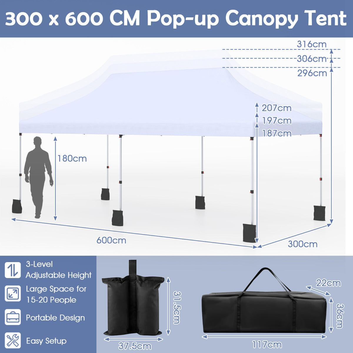 300 x 600 cm Pop up Canopy Tent with Carry Bag and 6 Sandbags-White