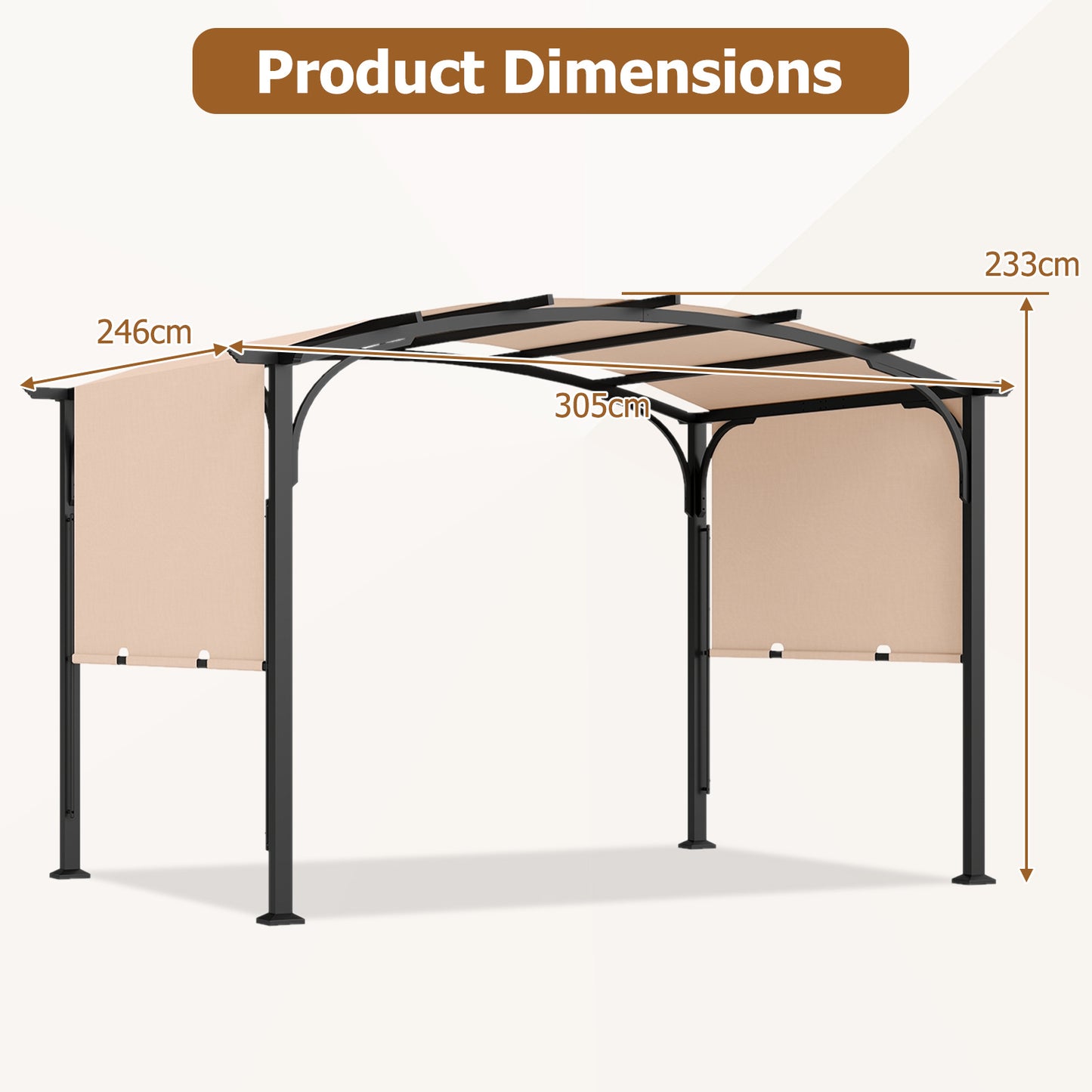 305 x 242 cm Outdoor Retractable Pergola with  Metal Frame and Polyester Fabric-Beige