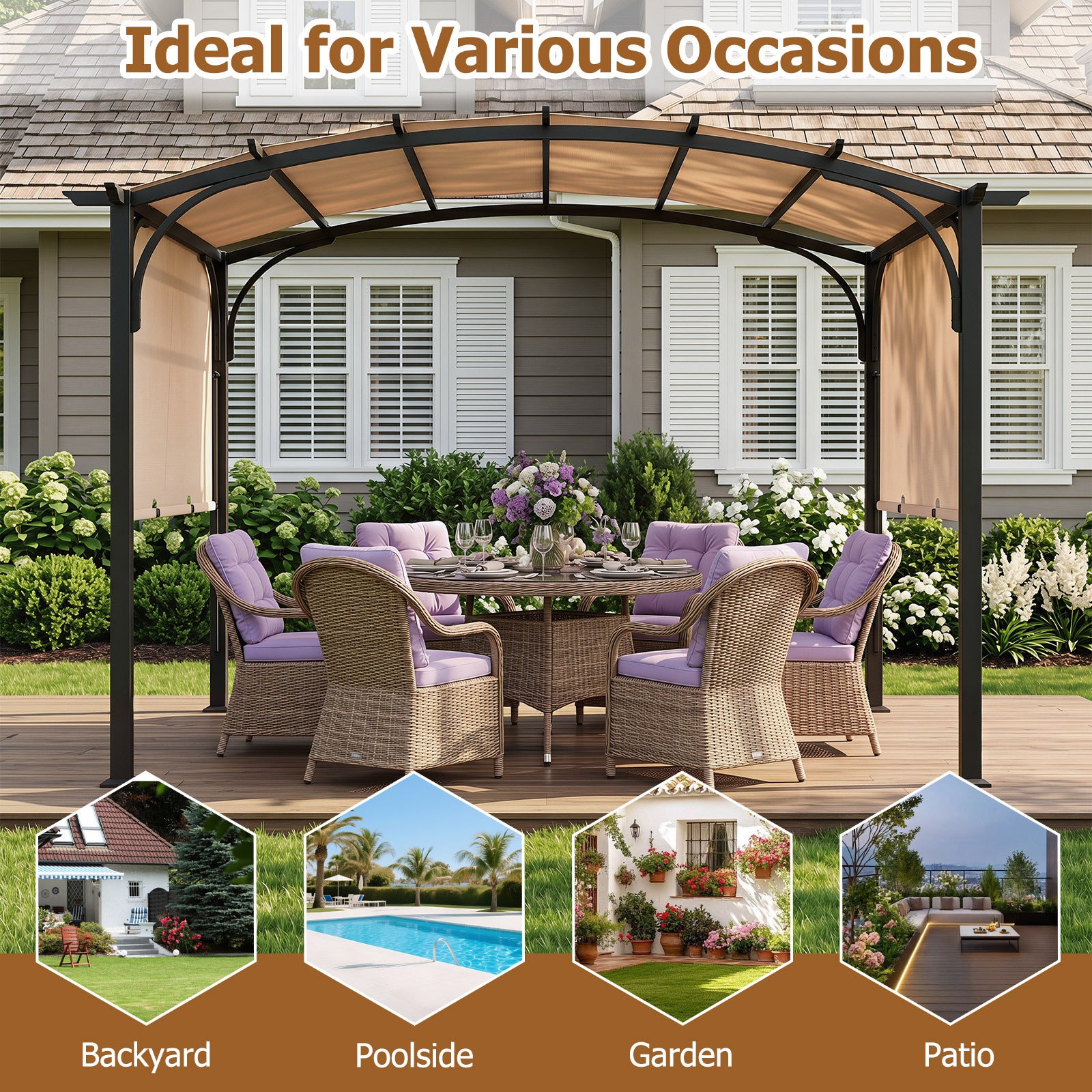 305 x 242 cm Outdoor Retractable Pergola with  Metal Frame and Polyester Fabric-Beige
