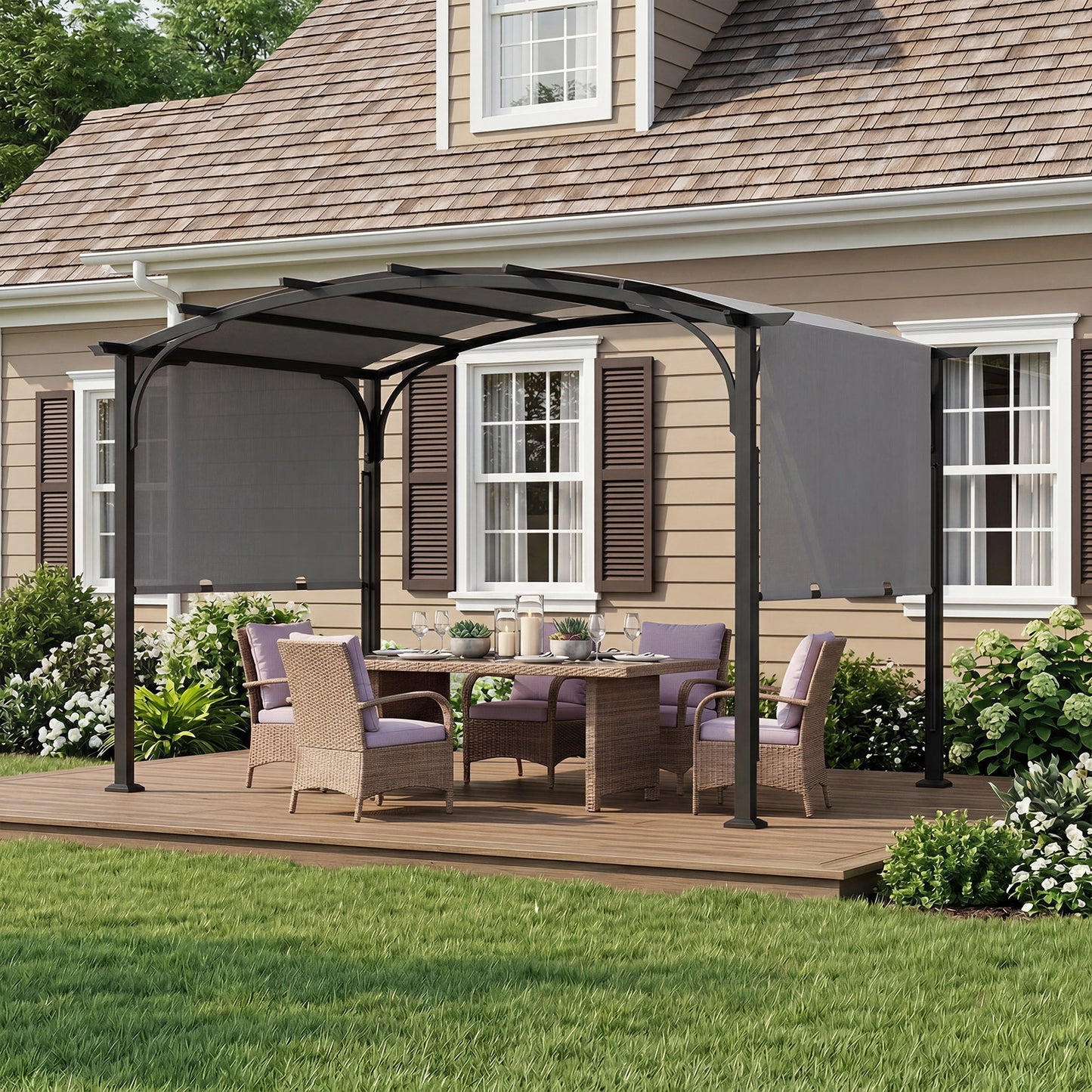 305 x 242 cm Outdoor Retractable Pergola with  Metal Frame and Polyester Fabric-Grey