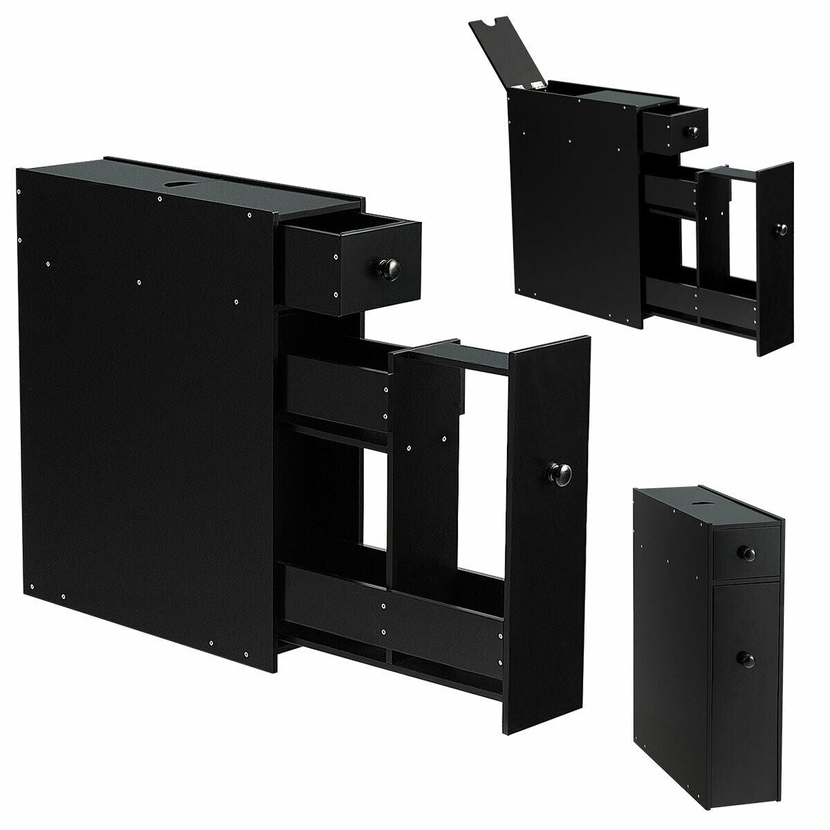 Slim Storage Cabinet with Slide-out Drawers and Flip-open Top Cover-Black