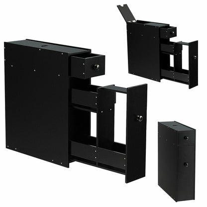 Slim Storage Cabinet with Slide-out Drawers and Flip-open Top Cover-Black