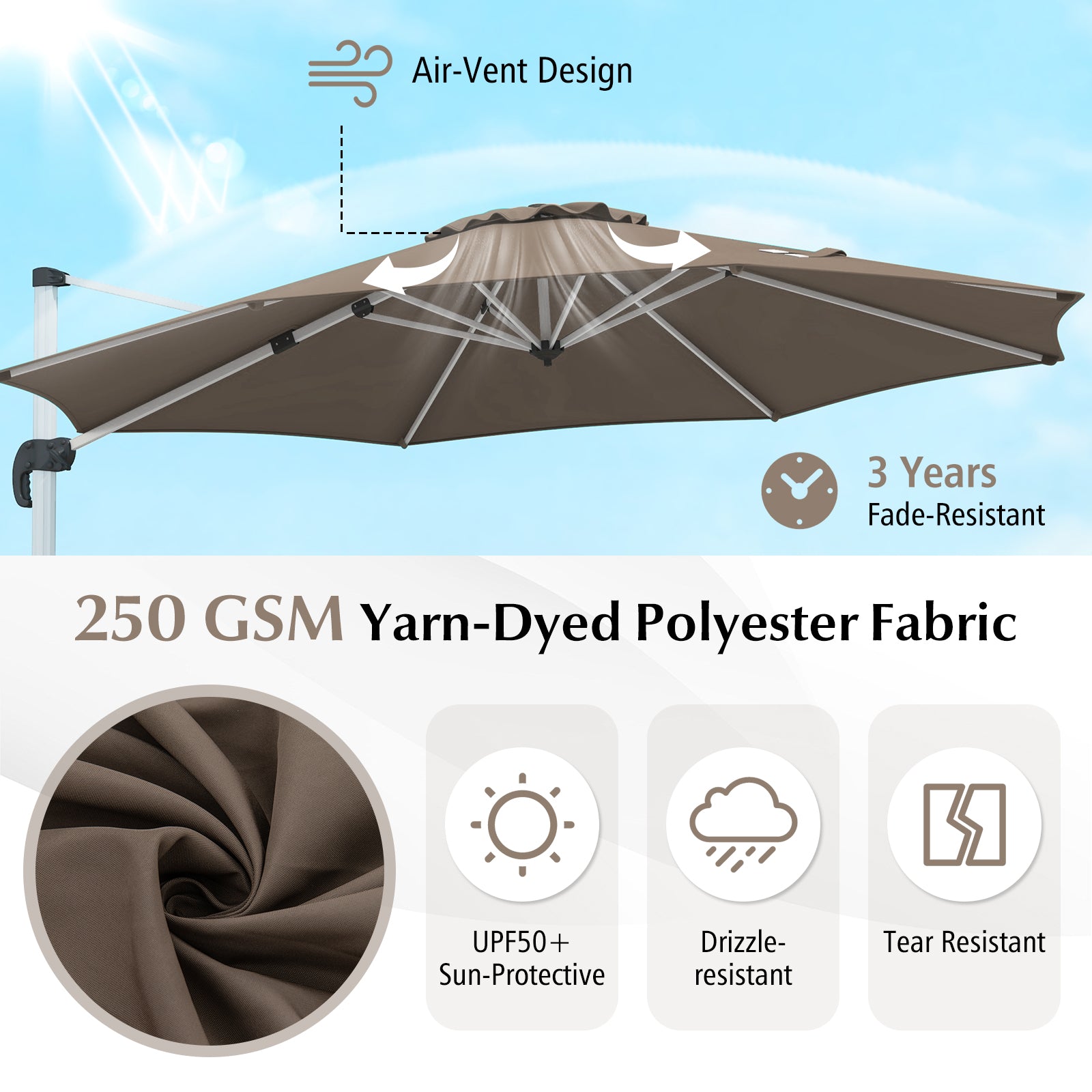 325 cm Outdoor Patio Umbrella with 360° Rotation-Brown