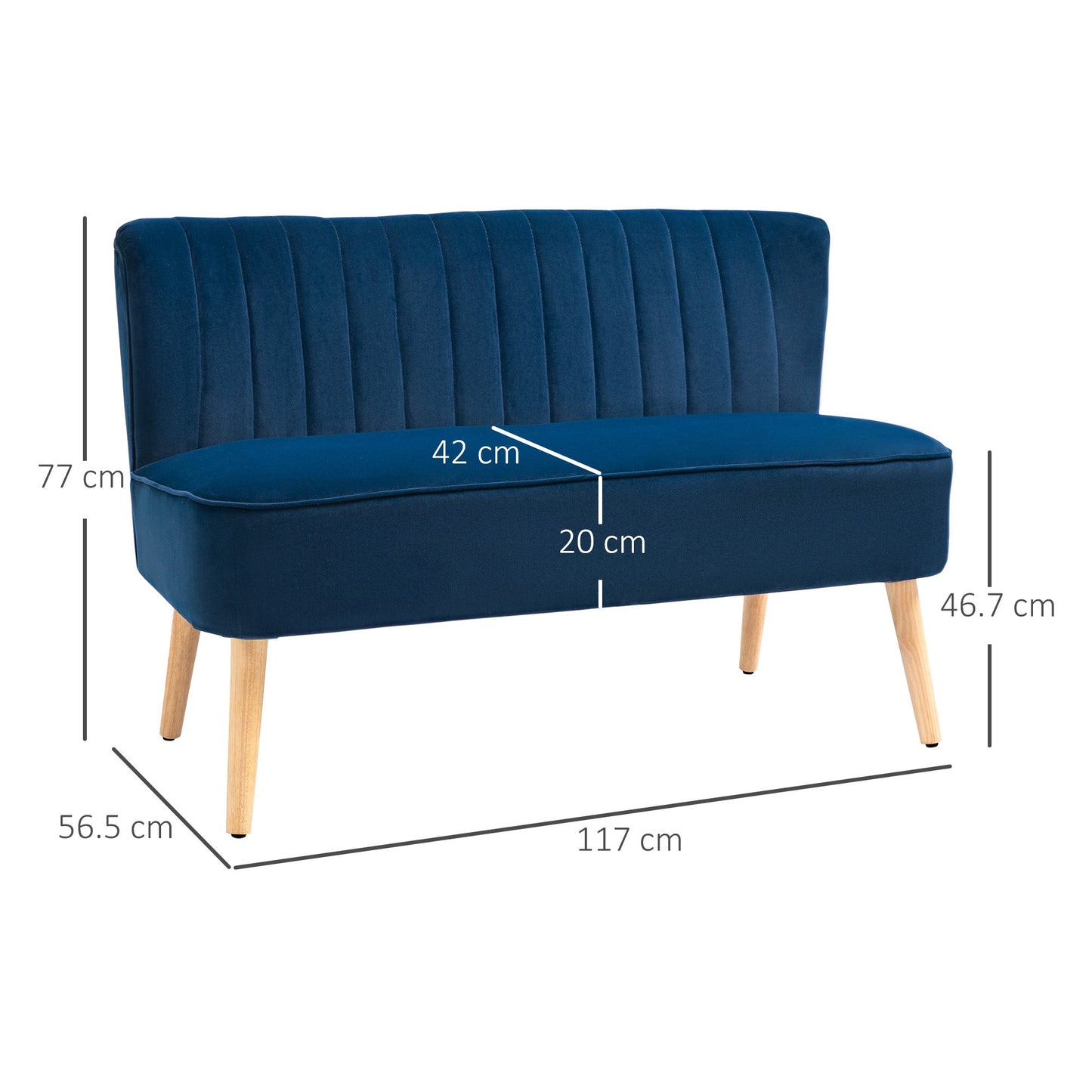 HOMCOM Modern Double Seat Sofa Foam Padding High Back Soft Comfortable Compact Couch Home Office Dark Blue