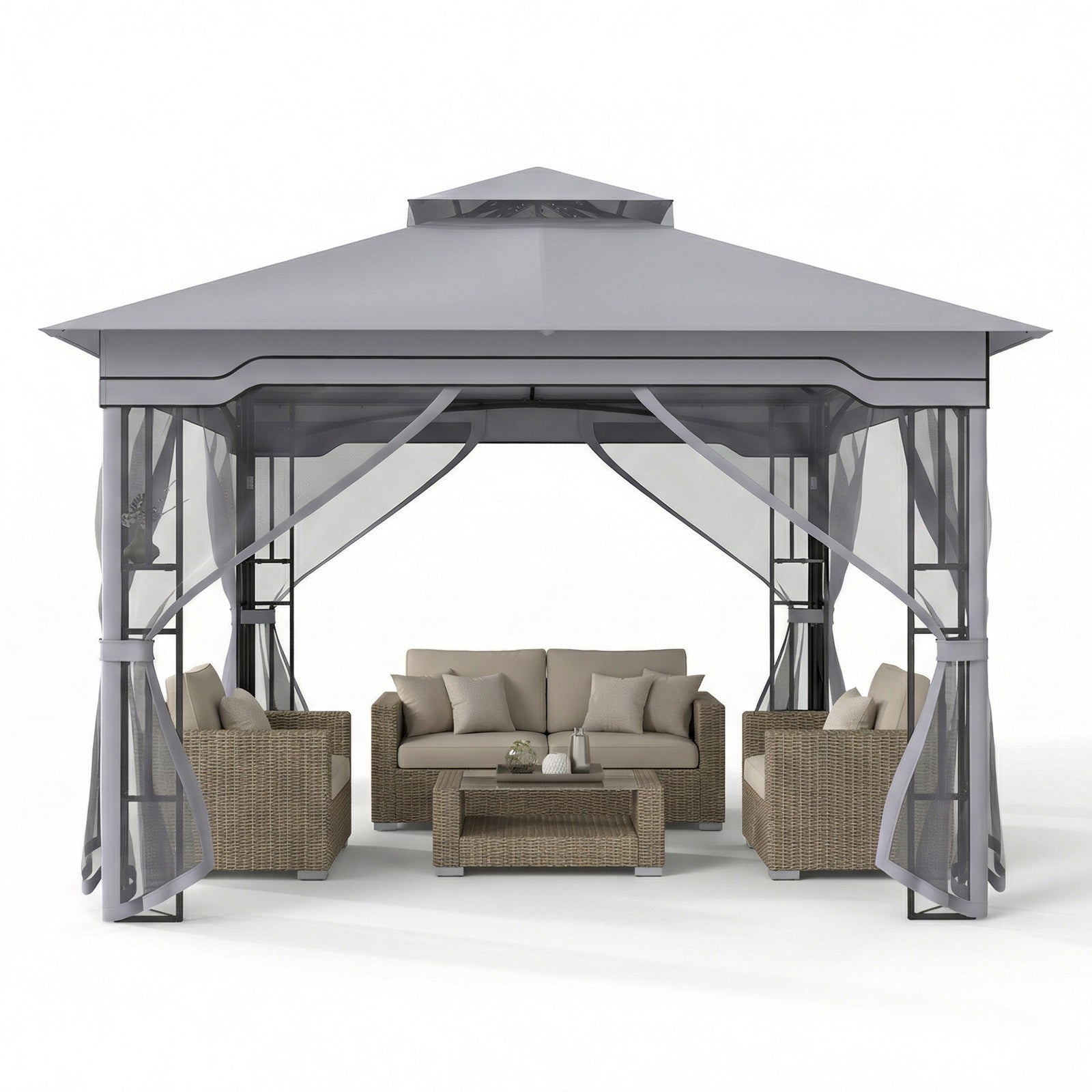 330 X 330 CM Double Roof Soft Top Patio Gazebo with Zippered Mesh Netting-Gray