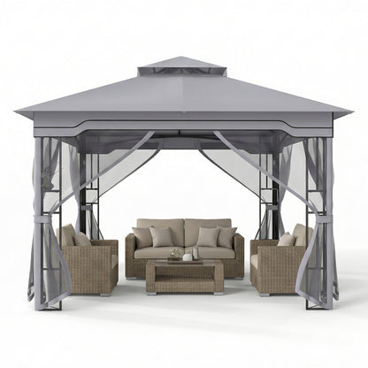 330 X 330 CM Double Roof Soft Top Patio Gazebo with Zippered Mesh Netting-Gray